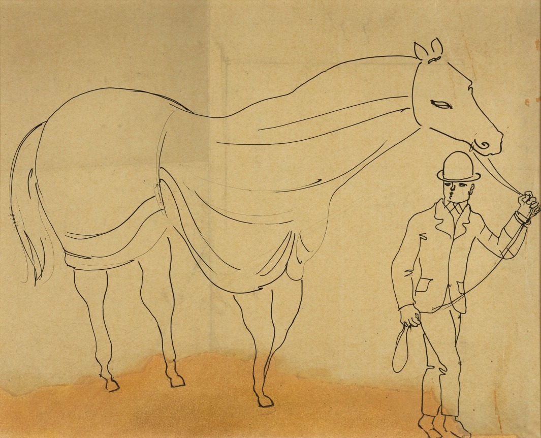Raoul Dufy  Cheval et Son Jockey, c. 1926    Indian ink on paper 17 3/4 x 21 1/4 inches