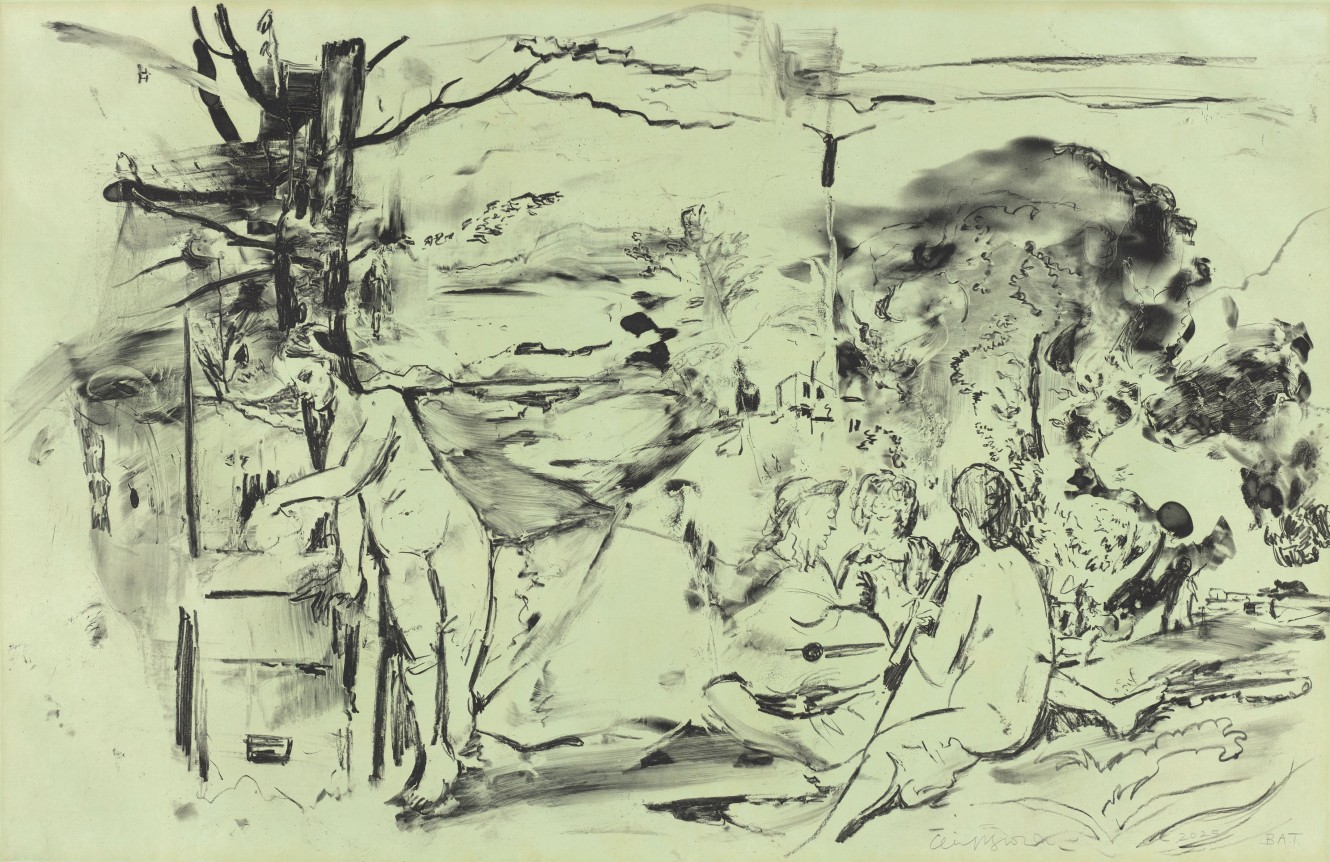 Cecily Brown The green of the larches, 2025&nbsp;    Etching on hand dyed paper 27 x 40 inches