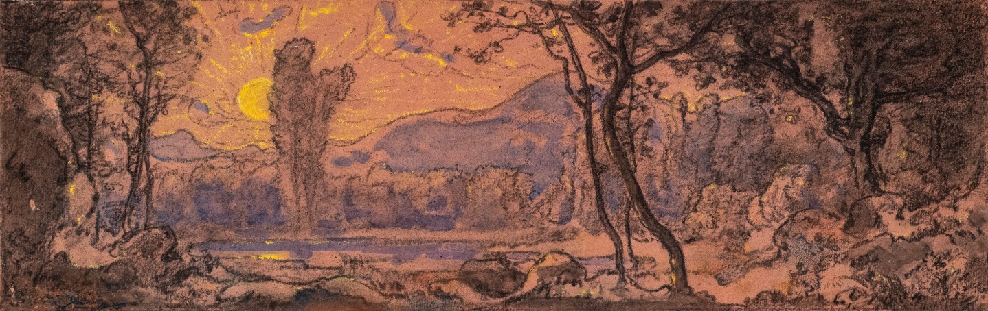 ALBERT GLEIZES French, 1881-1953 . Paysage, c. 1905-1908 Charcoal, watercolor and pastel on pink card paper 4 5/8 x 15 in.