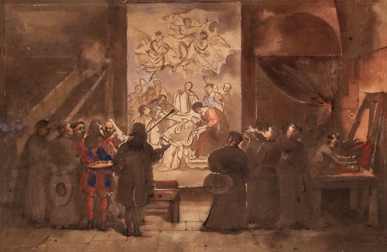Francois-Mauris Granet Interior of Poussin’s Studio/King Louis XIII visiting Poussin’s Studio, c. 1833-43  Pen and ink with watercolor on paper 11 3/4 x 17 3/4 inches