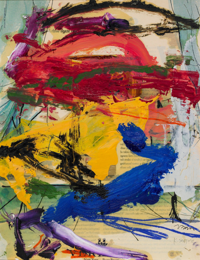 Untitled #35, 2011    Oil and crayon on printed paper 13 x 10 inches