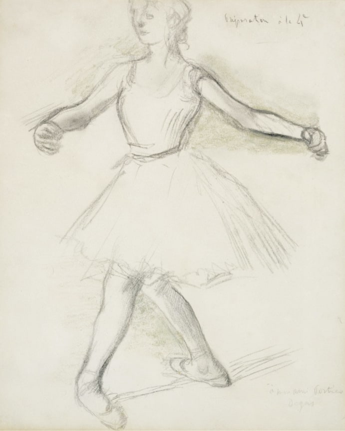 Edgar Degas, Pr&eacute;paration &agrave; la quatri&egrave;me, c. 1880 Charcoal with pastel, 12 1/8 x 9 3/4 inches