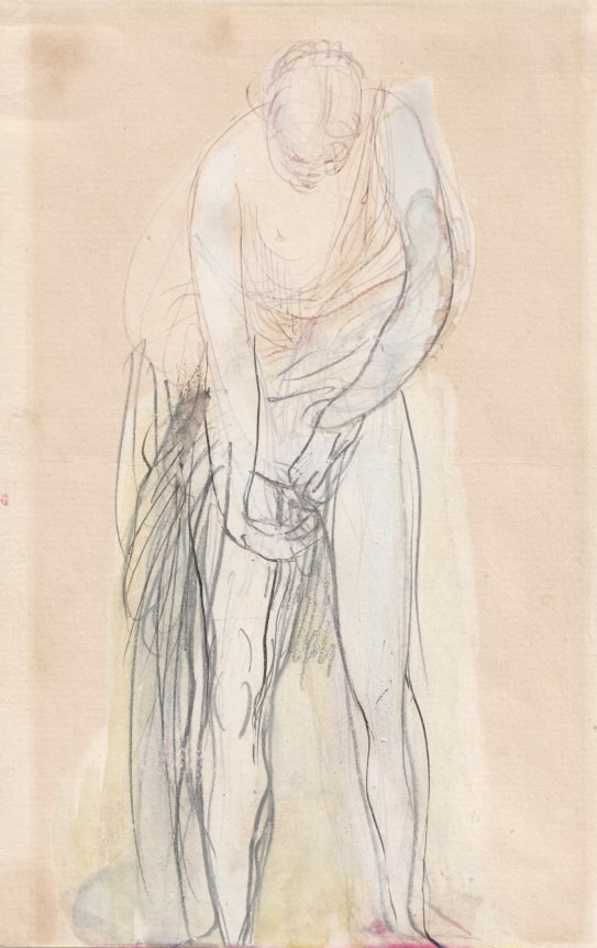 Study of a Standing Woman, Partially Nude, seen from the front, c. 1896 (Etude de femme demi-nue debout et de face)  Graphite, pen and ink, brush and gouache on wove paper 7 x 4 1/2 in.
