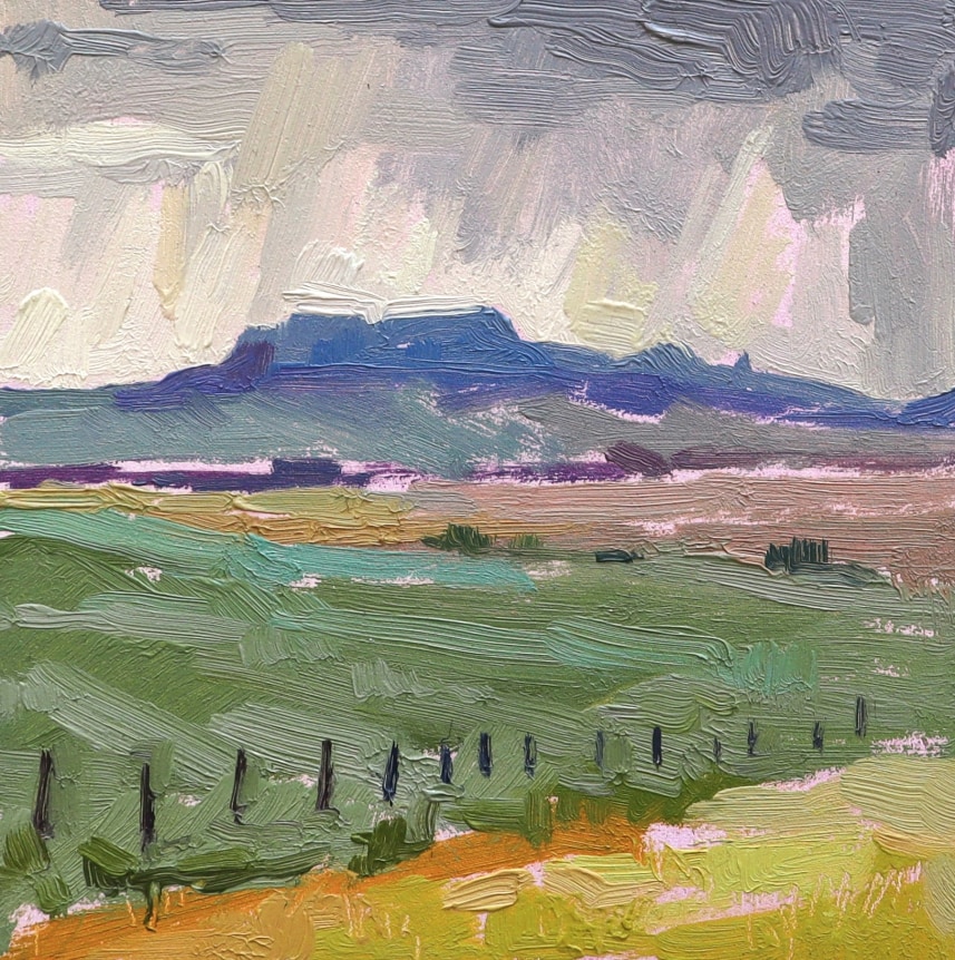Rachel Rickert Distant Rain, Wyoming, 2022    Oil on panel 4 x 4 inches
