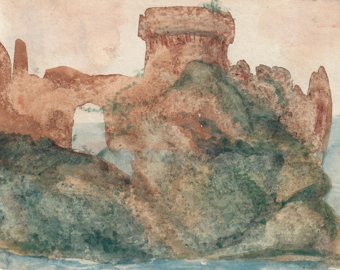 Landscape with a View of the Sea and a Fort    Watercolor on paper 3 5/16 x 4 1/8 inches