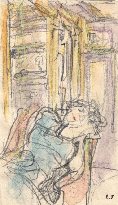 EDOUARD VUILLARD French, 1868-1940  Lucie Hessel in the Great Room, rue de Rivoli, c. 1903-4 (Lucie Hessel dans le Grand Salon, rue de Rivoli)    Watercolor, pastel, and graphite on paper 6 1/4 x 3 5/8 in.