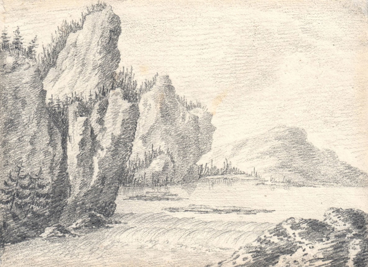 Lake Landscape with Rocks and a Cascade     Pencil on paper 3 1/8 x 4 1/4 inches