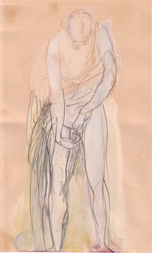 Study of a Standing Woman, Partially Nude, seen from the front, c. 1896 (Etude de femme demi-nue debout et de face)  Graphite, pen and ink, brush and gouache on wove paper 7 x 4 1/2 in.