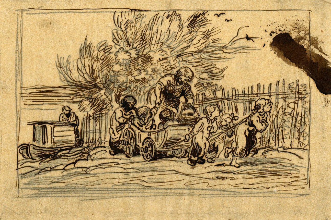 Charles F. Daubigny, L'Héritage de la voiture (les enfants à la voiture)    Pen and ink on papier calque 4 3/4 x 7 3/8 inches