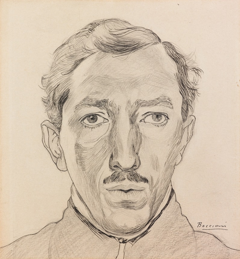 Umberto Boccioni, Self-Portrait (Autorittrato), c. 1908 Pen and ink and pencil on card 8 x 7 3/8 inches, Signed lower right
