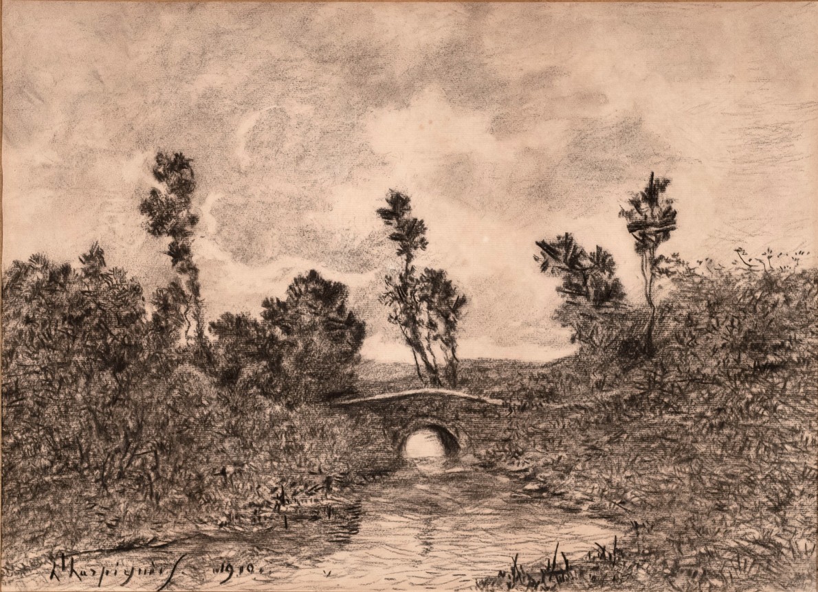 Henri Joseph Harpignies (1819-1916) Le Pont de Saint-Prive, 1919   Charcoal on paper 15 1/4 x 21 1/8 inches