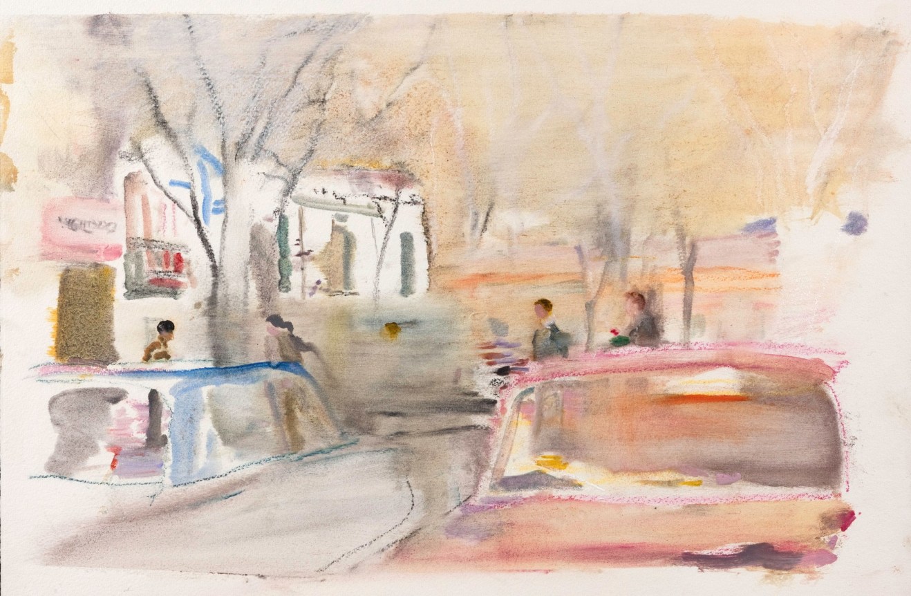 Wendy Mark, Spain/Dancers/Courtyard, 2011  Charcoal and oil on prepared paper  13 ¾ × 22 ¾ inches