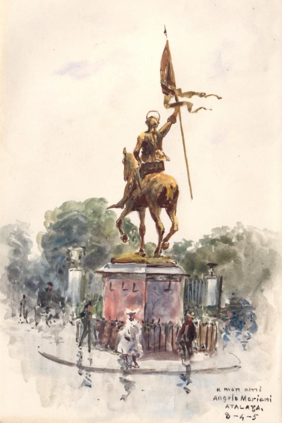 Enrique Atalaya  The Statue of Joan of Arc, Place des Pyramides, August 4, 1905  Watercolor on paper 5 3/8 x 3 1/2 inches