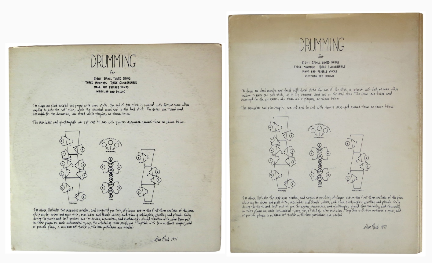 Steve Reich, Drumming for eight small tuned drums, three marimbas, three glockenspiels, male and female voices, whistling and piccolo