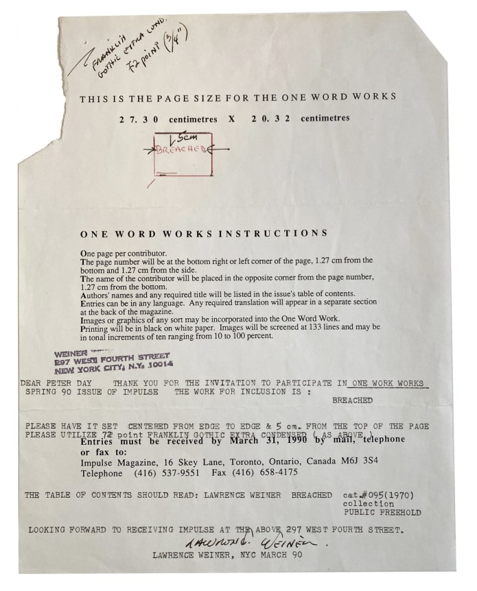 Lawrence Weiner   Breached cat. #095 (1970) collection PUBLIC FREEHOLD, Alternate Projects