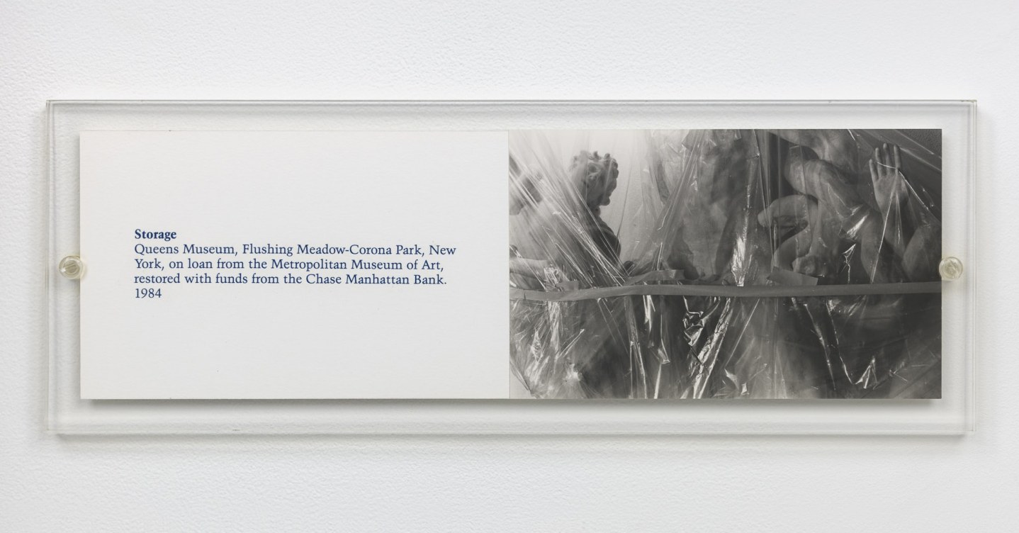 Louise Lawler photograph "STORAGE. Queens Museum, Flushing Meadow-Corona Park, New York, on loan from the Metropolitan Museum of Art, restored with funds from the Chase Manhattan Bank."