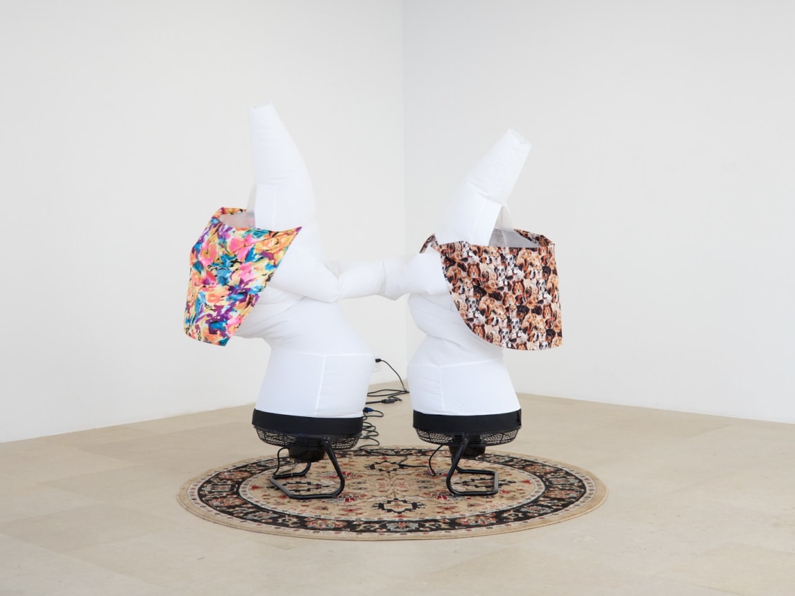 Paul Chan, Dimposium, 2016. Nylon, fans, fabric, rug, 93 x 77 x 44 inches (236.2 x 195.6 x 111.8 cm).