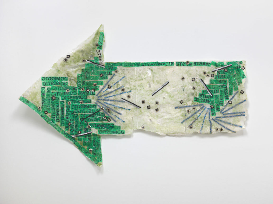 Allyson Vieira, Domestic Waste, 2018. Styrofoam, plastic bags, resin, 41 1/2 x 66 1/4 x 5 3/4 inches (105.4 x 168.3 x 14.6 cm).