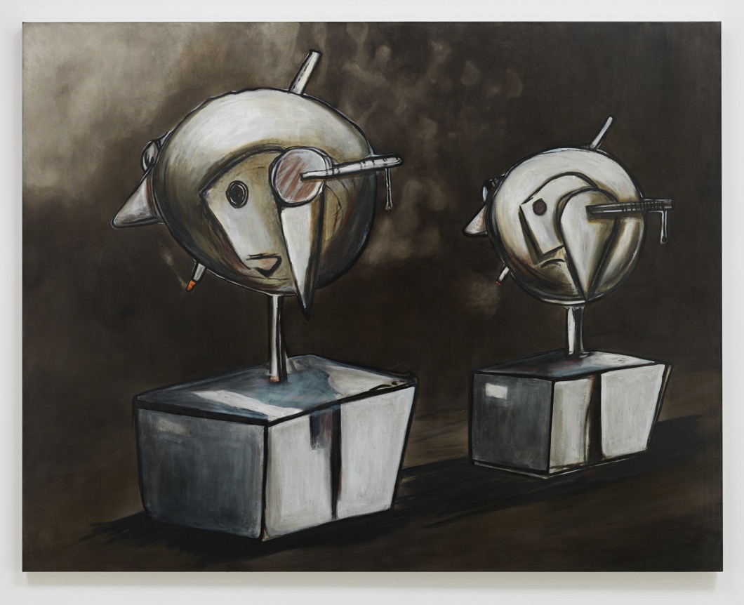 Wood. Cloth. Iron. Cigarettes., 2019. Oil on linen, 62 x 79 inches (157.5 x 200.7 cm).
