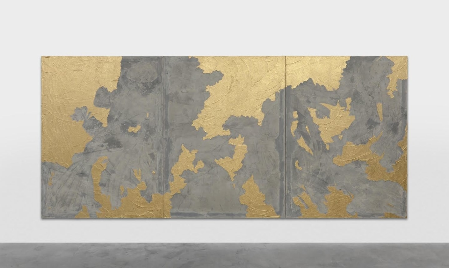 Wind Wall Icon, 2020. Triptych; metallic pigment, red, black paint, concrete, fiber and vinyl on canvas, each panel: 78 3/4 x 59 1/16 inches (200 x 150 cm); overall 78 3/4 x 177 3/16 inches (200 x 450 cm). 