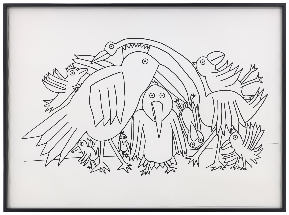 Voegel, 2017, Ink on paper, Image 43 x 59 inches (109.2 x 149.9 cm), Frame 44 7/8 x 60 3/4 inches (114 x 154.3 cm)