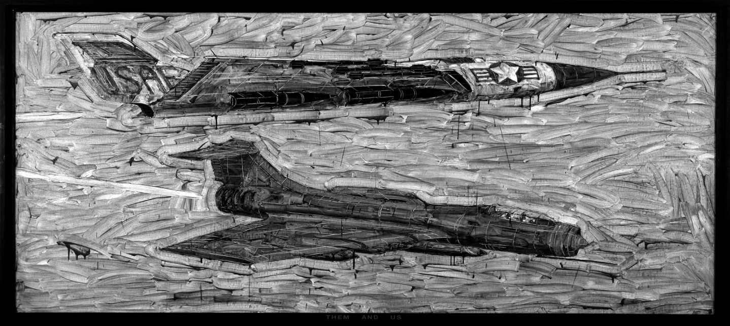 Untitled (After Neil Jenney, Them and Us, 1969), 2018. Graphite and charcoal on paper, 3 9/16 x 8 inches (9 x 20.3 cm).
