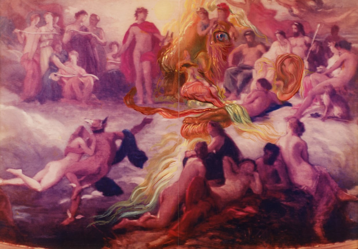 Apollon et les Muses dans l'Olympe avec double image d'une t&ecirc;te de profil (pour Les Vins de Gala) (Apollo and the Muses in Olympus with Double Image of a Head in Profile [for The Wines of Gala])