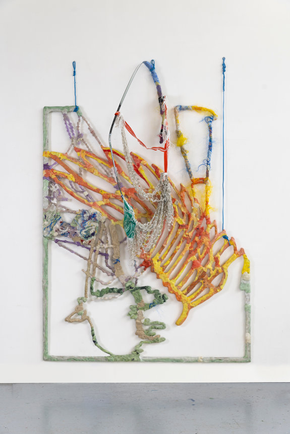 Julien Creuzet One against the other, our damaged skins, our elongated bodies. Many torments, many dreams, many hallucinations, many fantasies before we fall asleep: meta and universe, ibis’ wing from the coat of arms of Trinidad and Tobago, meta and universe, machete, adapted to prune sugar cane, meta and universe, a palm tree, sweeped away by the Maria hurricane, in 2017, unknown location, meta and universe, trajectories of storms in the Caribbean, during one season. Formed in the Sargasso Sea, they used to change direction when coming to North-America continent, going through the Azores., 2022