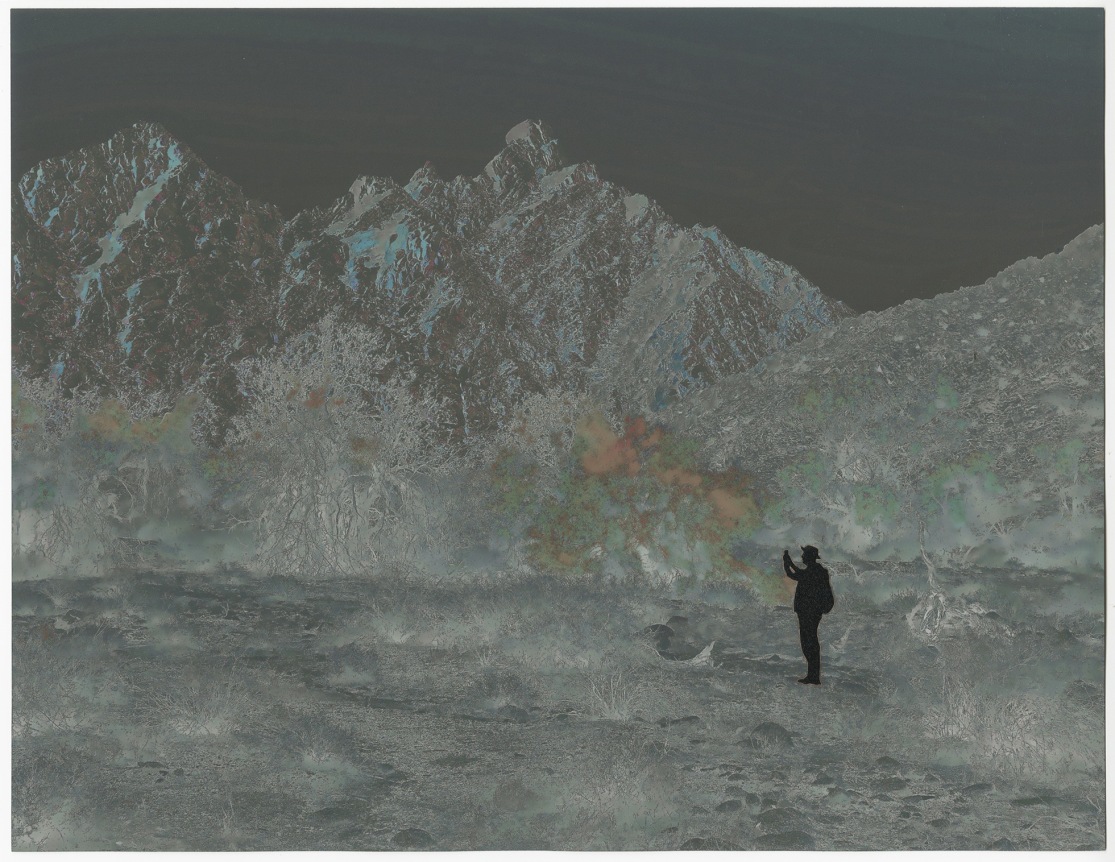 John Brinton Hogan, Hiker Making Snapshot at Copper Mountians, Barry M. Goldwater Range, AZ, November 2019 (Grey Negative with Black Glitter Flocking), 2020.