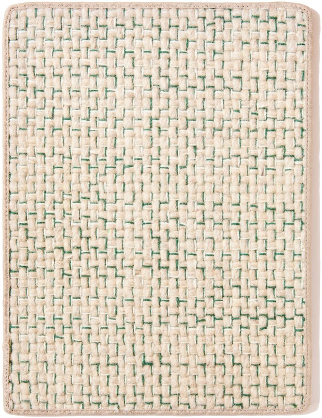 seagate sample in the emerald colorway. the pattern is a beige basketweave with green thread going sparsely throughout