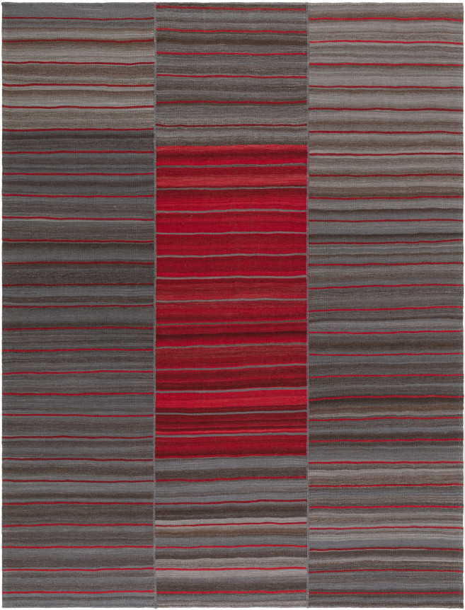 3 panel kilim with red stripes and rectangle center with brown border