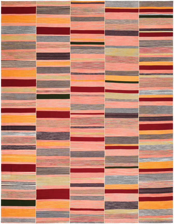 kia sar flatweave kilim with five panels. its stripes are multi-colored