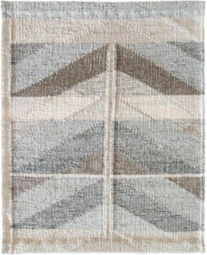 2' x 3' sala flatweave sample with a multi-upward arrow design in varying shades of grey