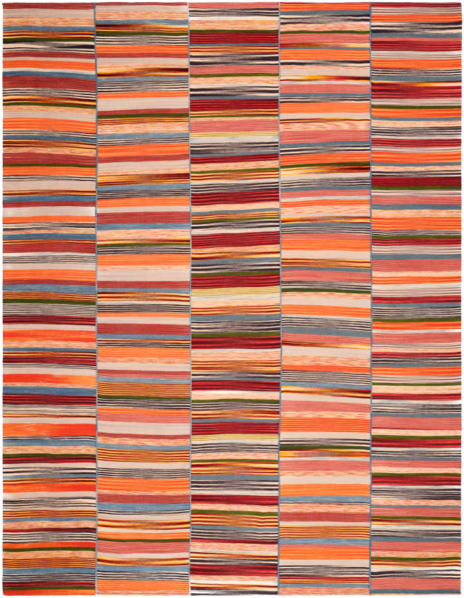 kia sar flatweave kilim with five panels. its stripes are in autumnal colors