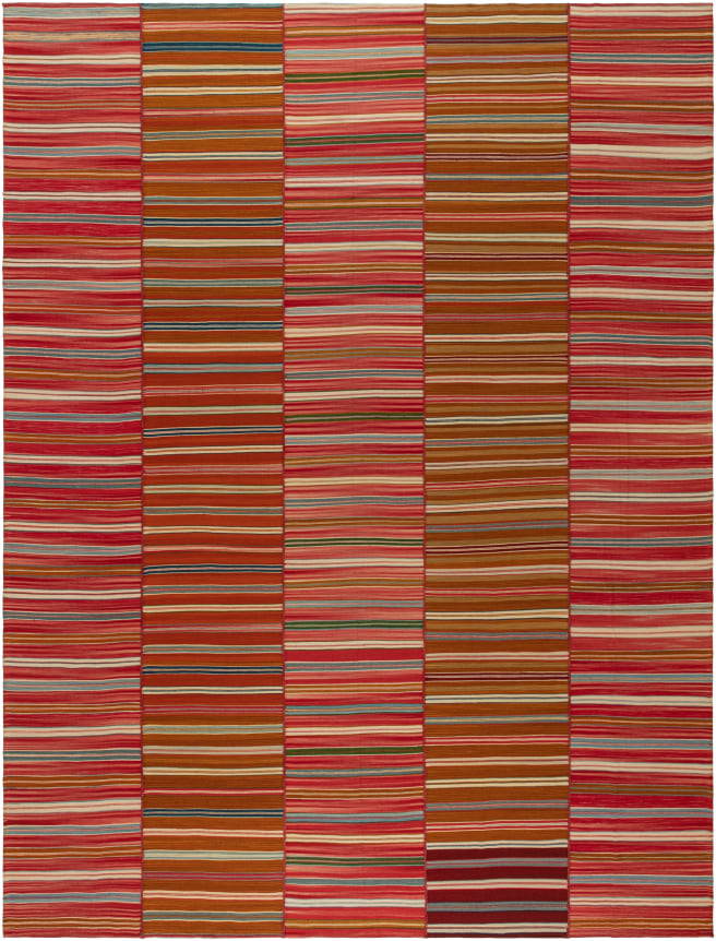 4 panel kia sar rug with varying shades of red stripes and some alternating blue stripes