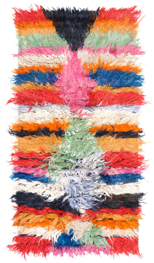 small antique konya tulu rug. a rectangular multicolored rug with diamonds going down the rug with colorful stripes in the background.