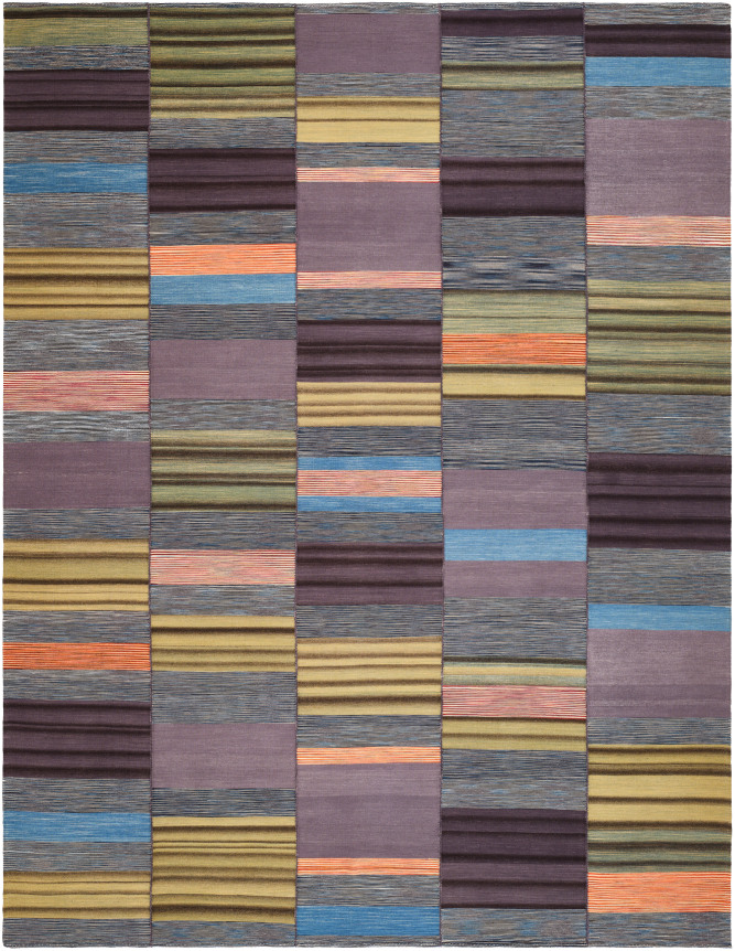 kia sar flatweave kilim with five panels. its stripes are dark-toned interspersed with bright oranges, blue, and yellow