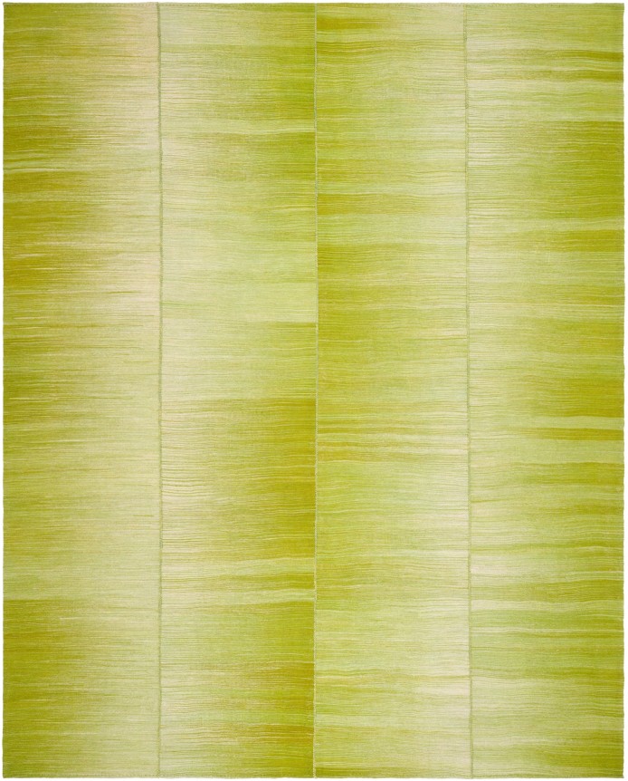 kia sar flatweave kilim with four panels. all panels are bright spring green striped streaks