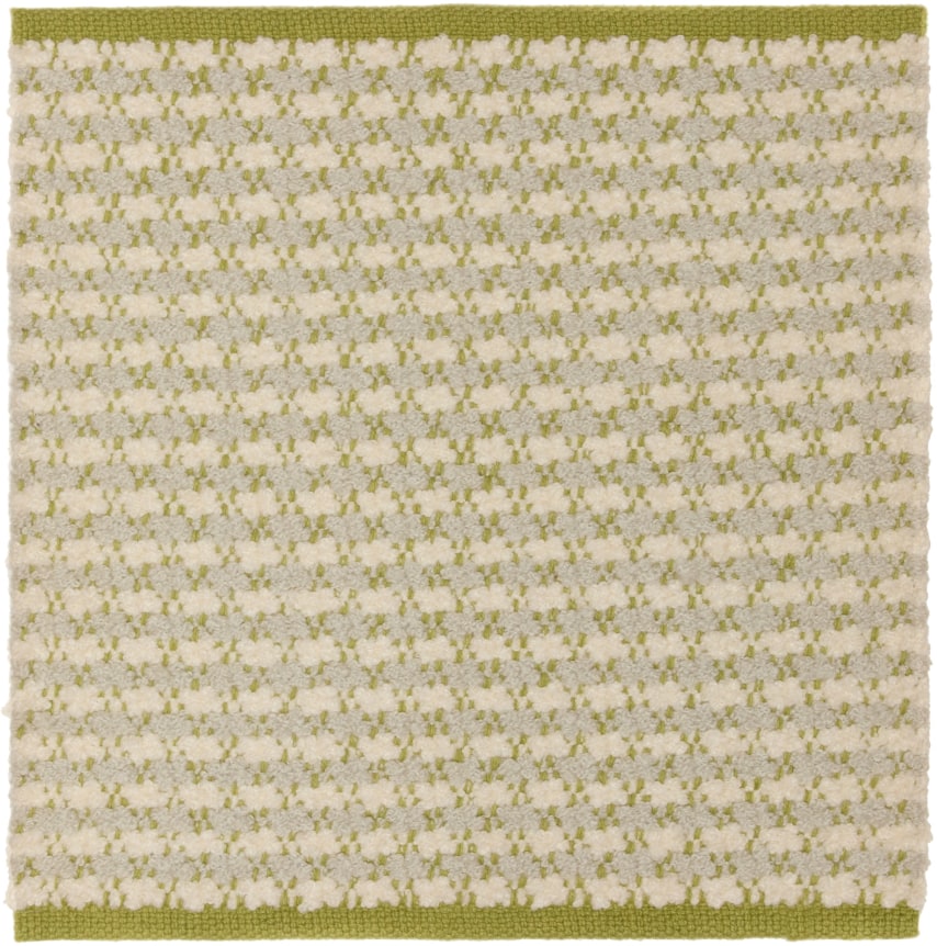 abrielle 2' x 2' flatweave sample in the green tea colorway. this sample has a green border with patches of cream and light grey woven throughout