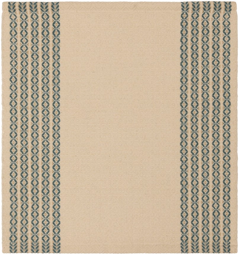 ioni 2' x 2' flatweave sample in the blue white colorway. it has four thin blue stripes on opposite ends of the sample