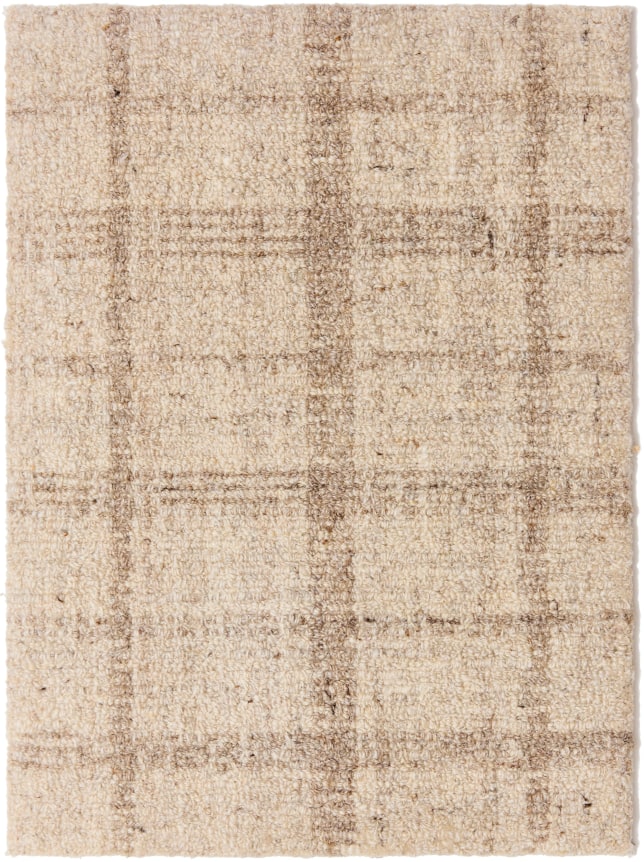 alpine sample in the oatmeal colorway. the plaid pattern is soft brown contrasting with a beige background