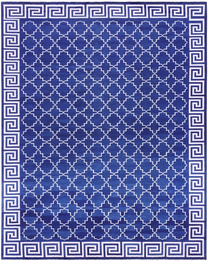 islamic hexagonal pattern and greek pattern border in white against blue field