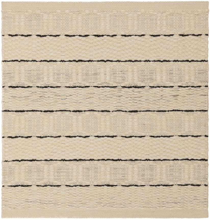 kamiko 2' x 2' flatweave sample in the black &amp; white colorway. the sample has 7 thin horizontal black lines going across a white field