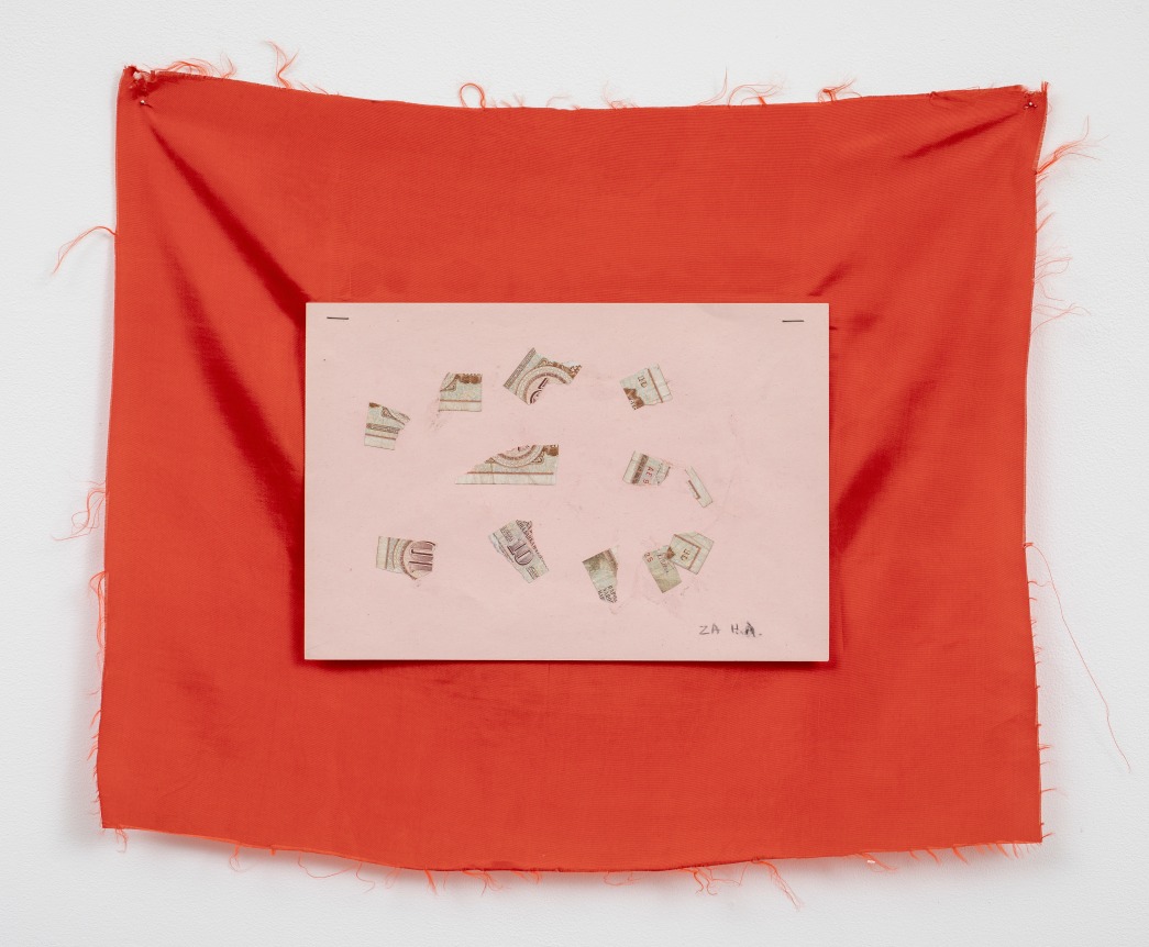 Mladen Stilinović (1947&ndash;2016), Za Hans Arpa [For Hans Arp], 1980, banknotes on paper, stapled to artificial silk at Peter Freeman, Inc.