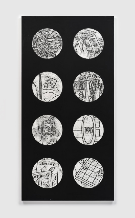 Matt Mullican, Untitled (Things Change in Heaven, Details in Black [Sign]), 2021, at Peter Freeman, Inc.