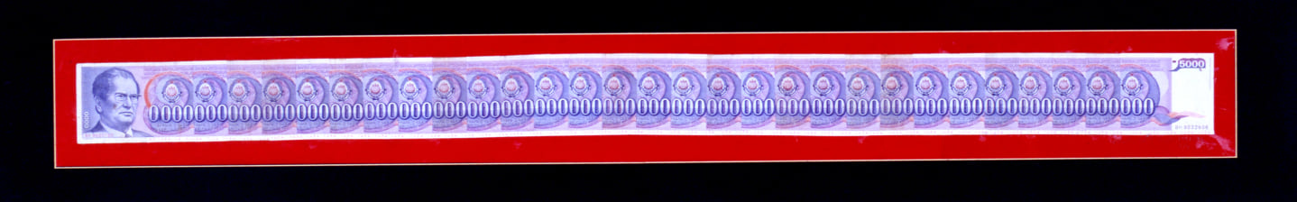 Mladen Stilinović (1947&ndash;2016), Tito &ndash; Nule [Tito &ndash; Zero], ca. 1991, banknotes on paper, at Peter Freeman, Inc.