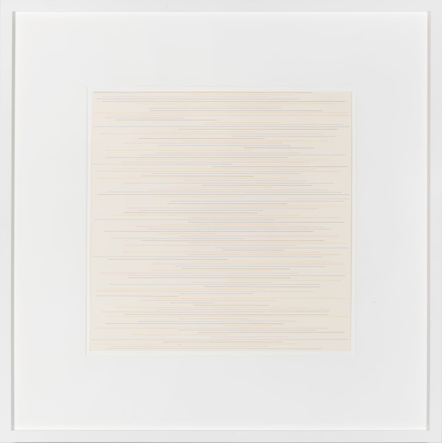 Sol LeWitt, Alternate parallel straight black, yellow, red and blue lines of random length, not touching the sides of the page, 1972. Ink on paper.