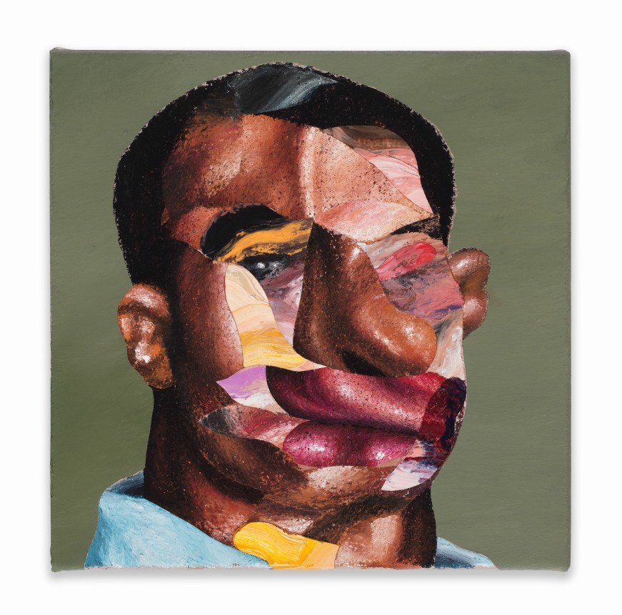 Caught Between a Rock and a Hard Place, 2019.&nbsp; Oil paint, paint stick, oil pastel, soft pastel, gouache on canvas, 12 x 12 inches.