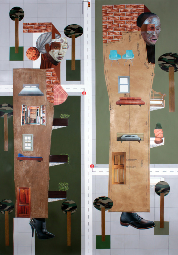 Stepping Out, 2014,&nbsp;Mixed media collage on paper, 72 x 50 inches.