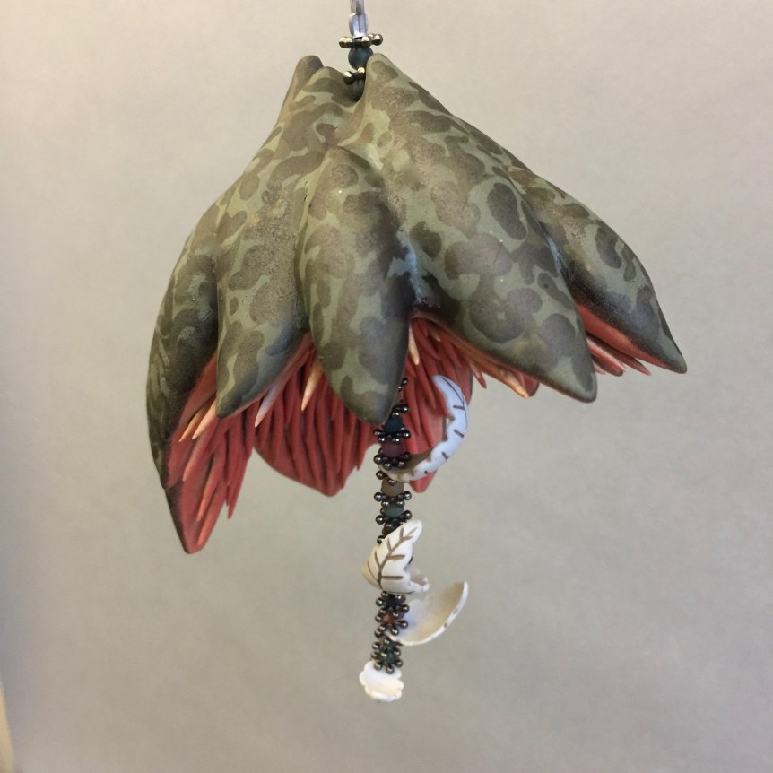 Chris Garofalo.&nbsp;paraplupaddenstoel,&nbsp;2020. Glazed an underglazed porcelain, indian agate and metal beads, 6.5 x 4 x 4 inches.&nbsp;